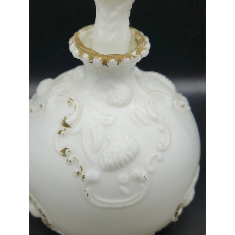 Set Of 2 Antique Milk Glass Vanity Bottles With Stoppers Gold Trim